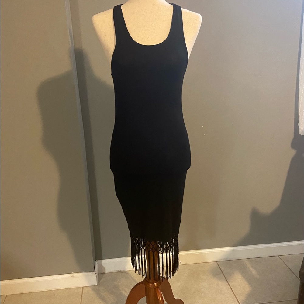 Black Tank Dress / Coverup with Fringe! Small